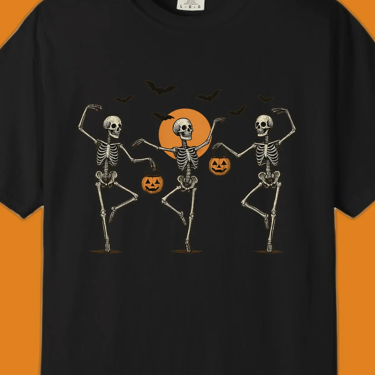 Dancing skeletons with pumpkin buckets and bats against a moon, skeleton-halloween-dance