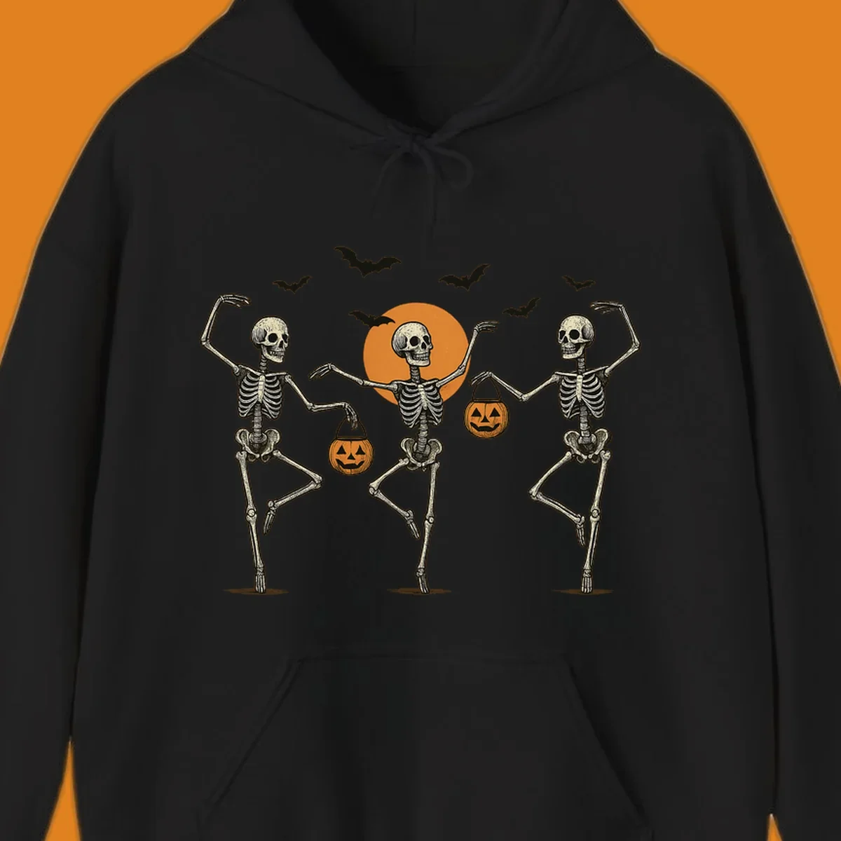 Dancing skeletons with pumpkin buckets and bats against a moon, skeleton-halloween-dance