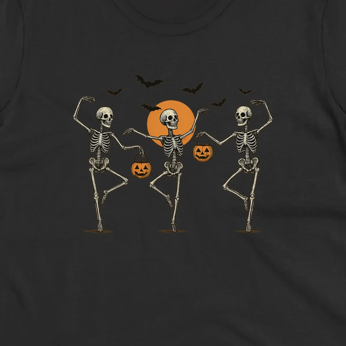 Dancing skeletons with pumpkin buckets and bats against a moon, skeleton-halloween-dance