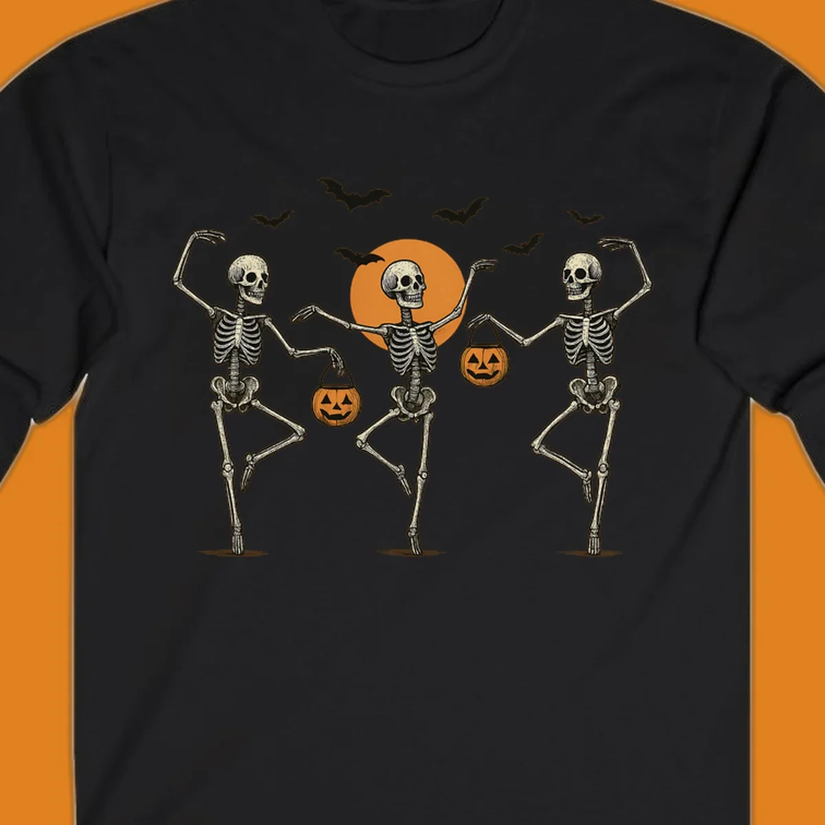 Dancing skeletons with pumpkin buckets and bats against a moon, skeleton-halloween-dance