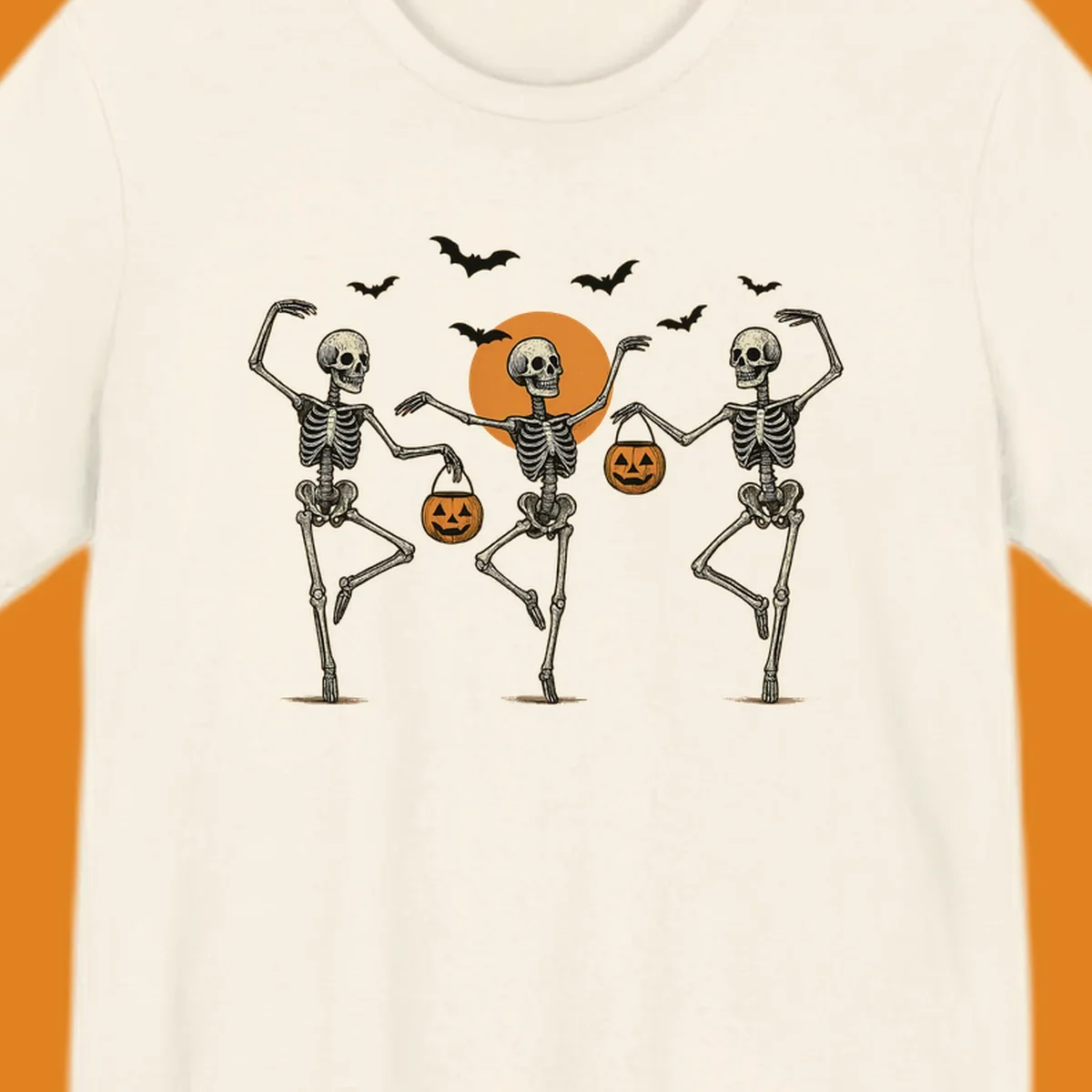 Dancing skeletons with pumpkin buckets and bats against a moon, skeleton-halloween-dance