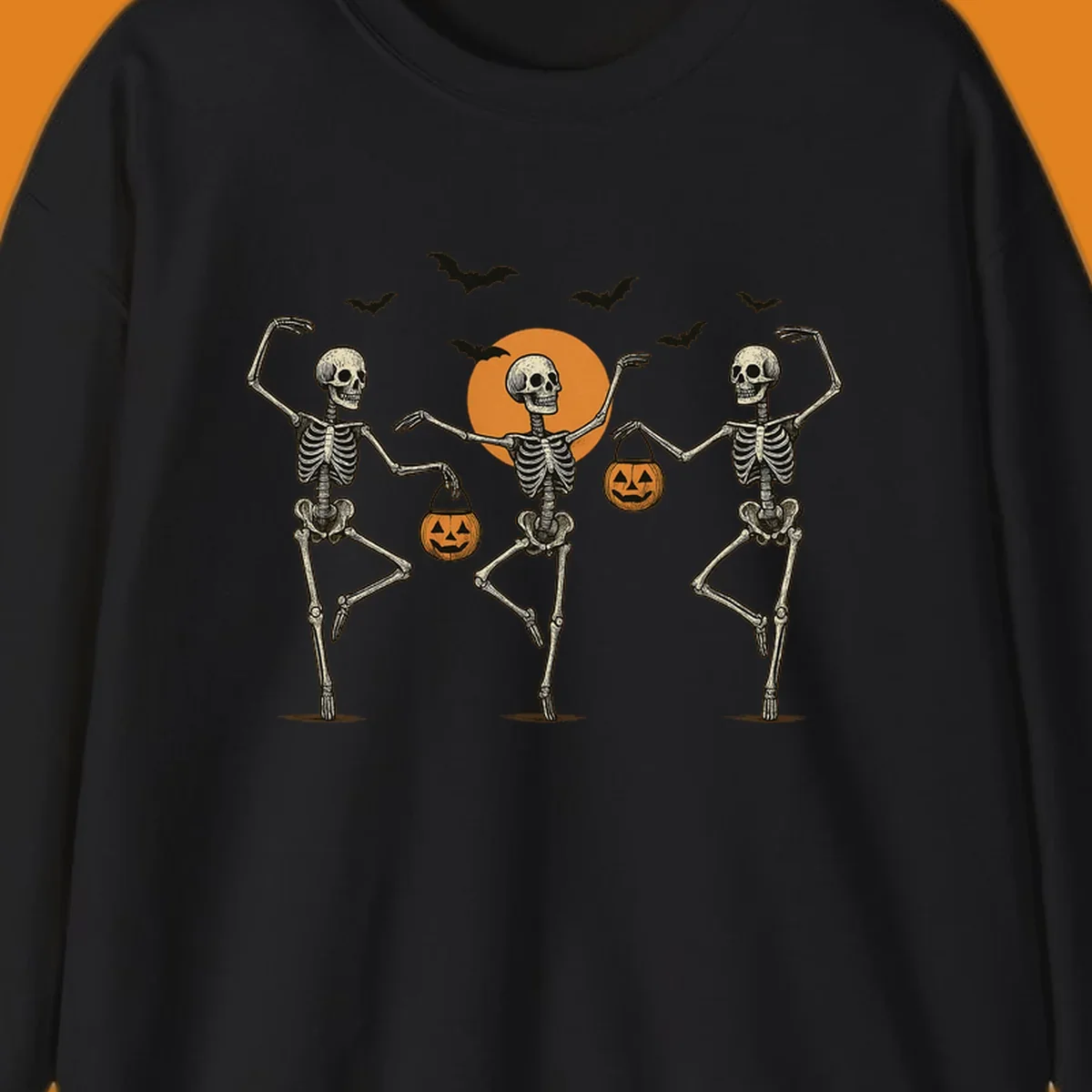 Dancing skeletons with pumpkin buckets and bats against a moon, skeleton-halloween-dance