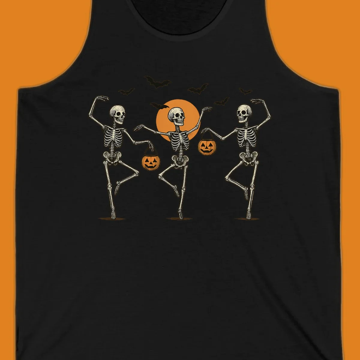 Dancing skeletons with pumpkin buckets and bats against a moon, skeleton-halloween-dance