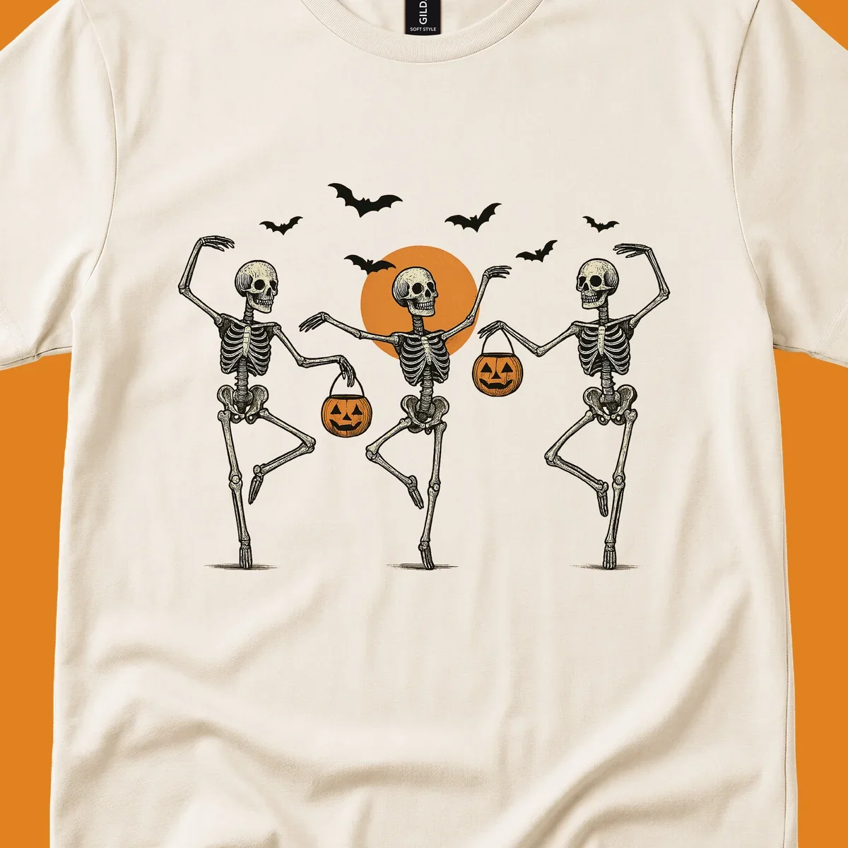 Dancing skeletons with pumpkin buckets and bats against a moon, skeleton-halloween-dance