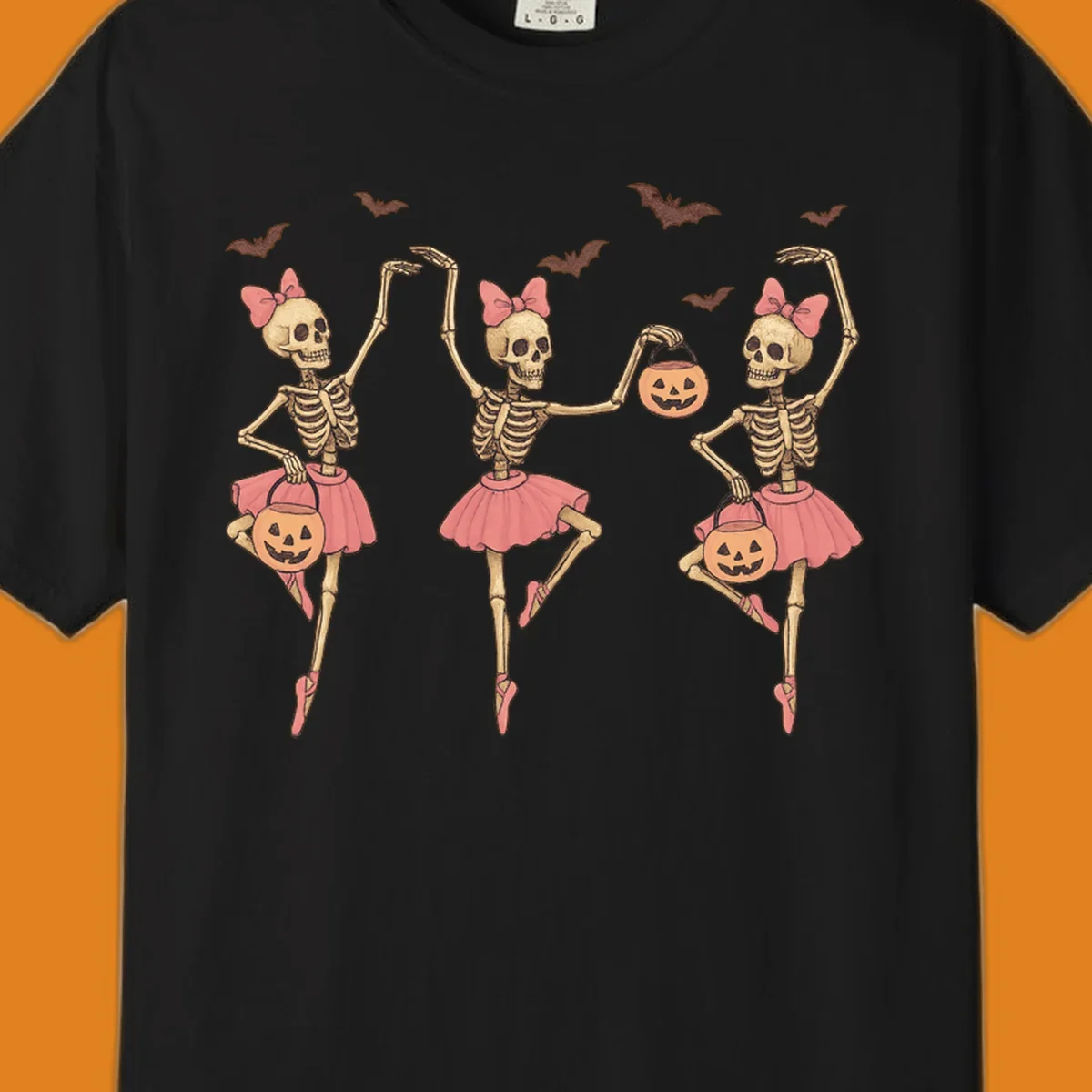 Skeleton ballerinas in tutus with pumpkins and bats, perfect for Halloween.