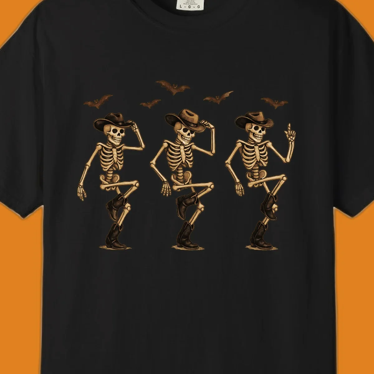 Dancing cowboy skeletons with bats, vintage Halloween graphic.