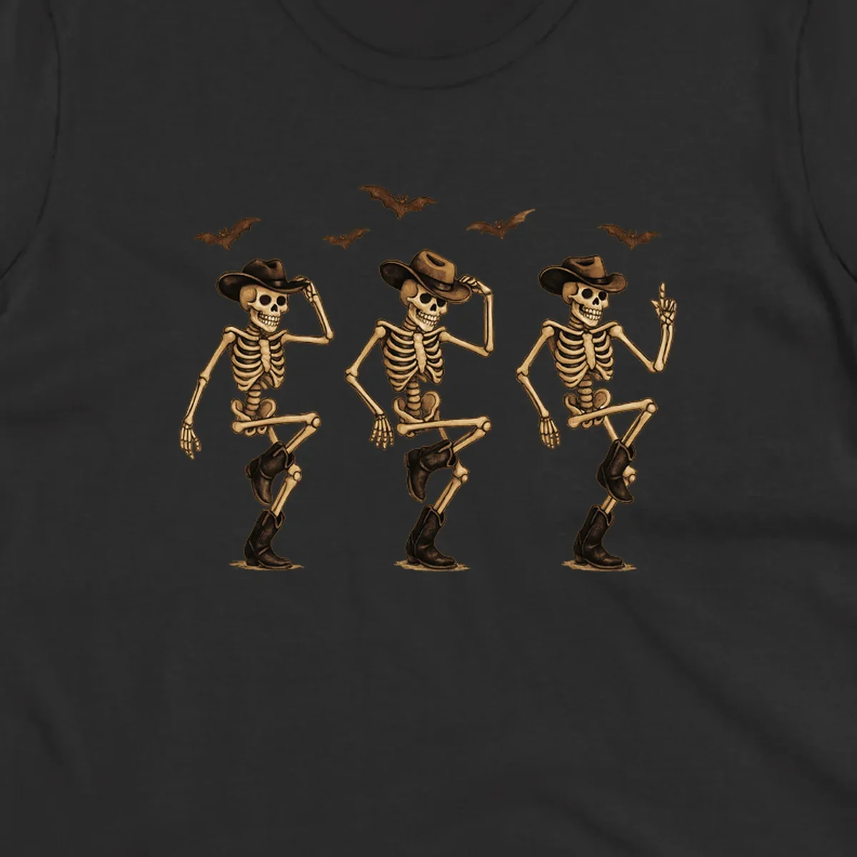 Dancing cowboy skeletons with bats, vintage Halloween graphic.