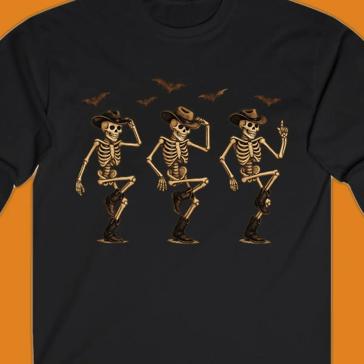 Dancing cowboy skeletons with bats, vintage Halloween graphic.