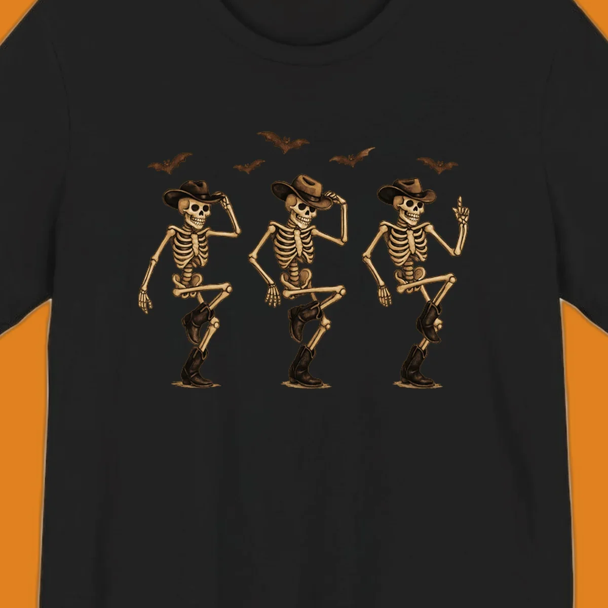 Dancing cowboy skeletons with bats, vintage Halloween graphic.