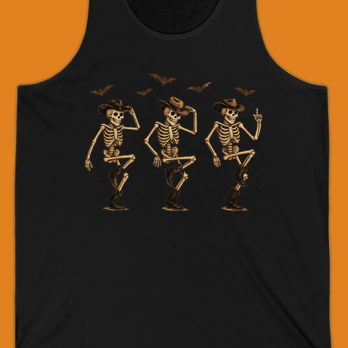 Dancing cowboy skeletons with bats, vintage Halloween graphic.