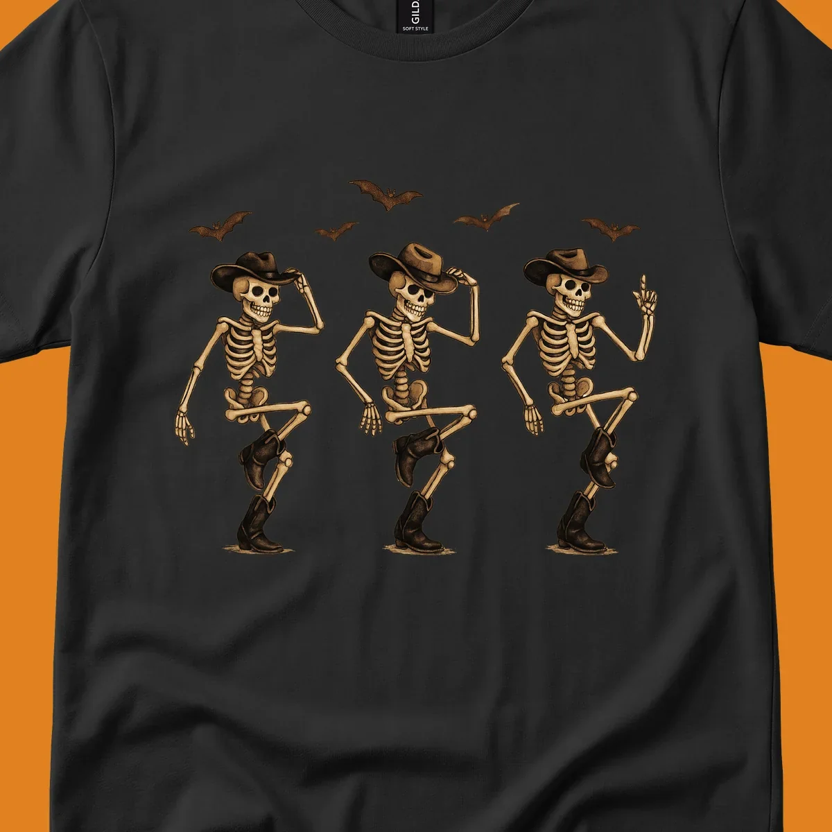 Dancing cowboy skeletons with bats, vintage Halloween graphic.