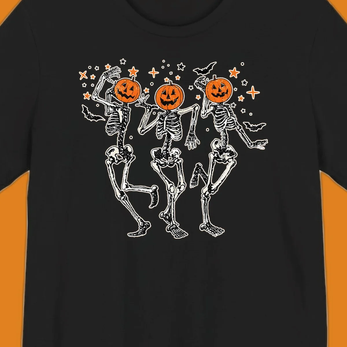 Dancing skeletons with pumpkin heads, bats, and stars illustration for Halloween.