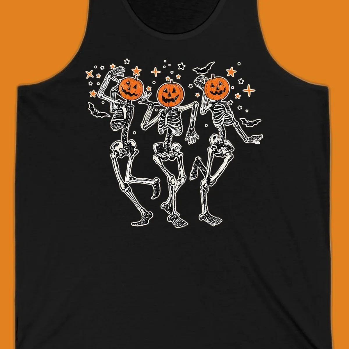 Dancing skeletons with pumpkin heads, bats, and stars illustration for Halloween.