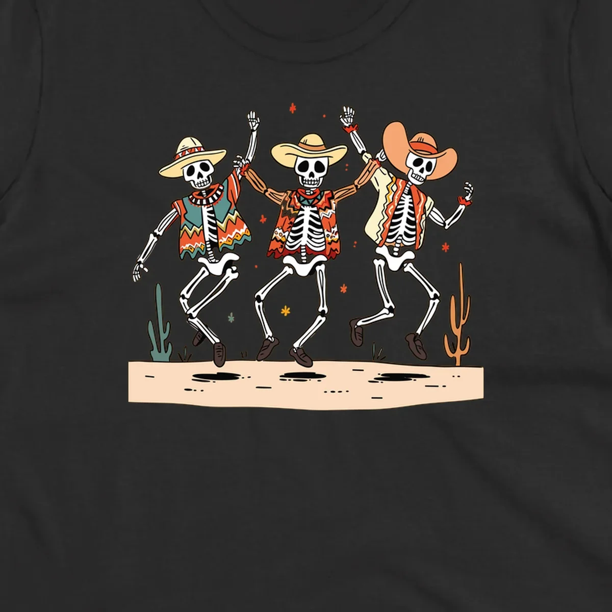 Three dancing skeletons in festive Mexican attire and sombreros, against a dark background with desert elements.
