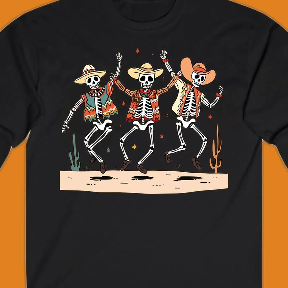 Three dancing skeletons in festive Mexican attire and sombreros, against a dark background with desert elements.