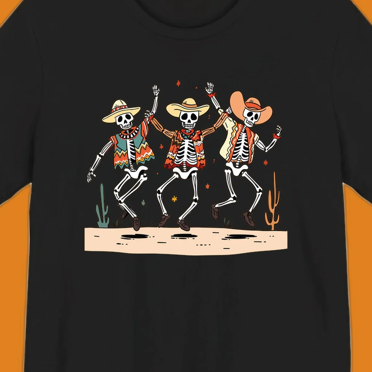 Three dancing skeletons in festive Mexican attire and sombreros, against a dark background with desert elements.