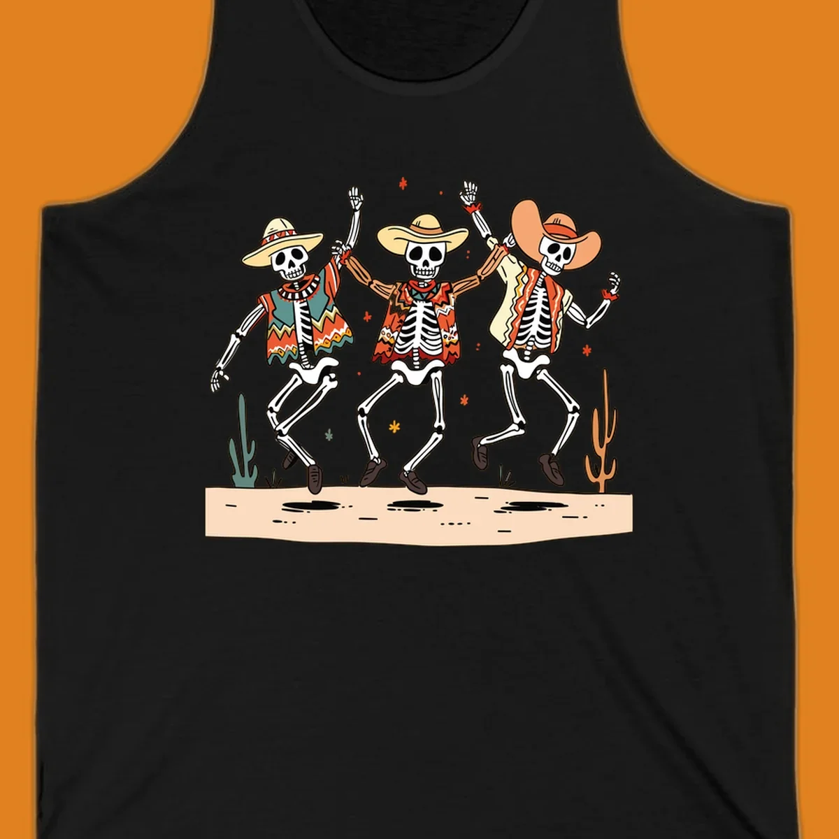 Three dancing skeletons in festive Mexican attire and sombreros, against a dark background with desert elements.