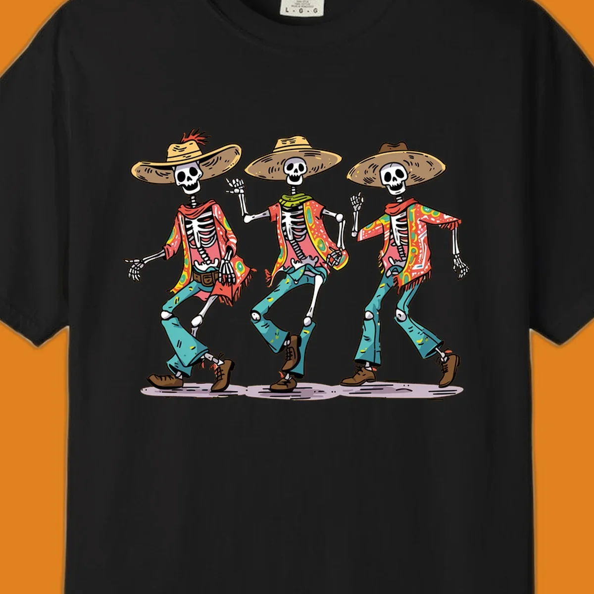 Three dancing skeletons wearing sombreros and colorful patterned shirts, inspired by Dia de los Muertos.