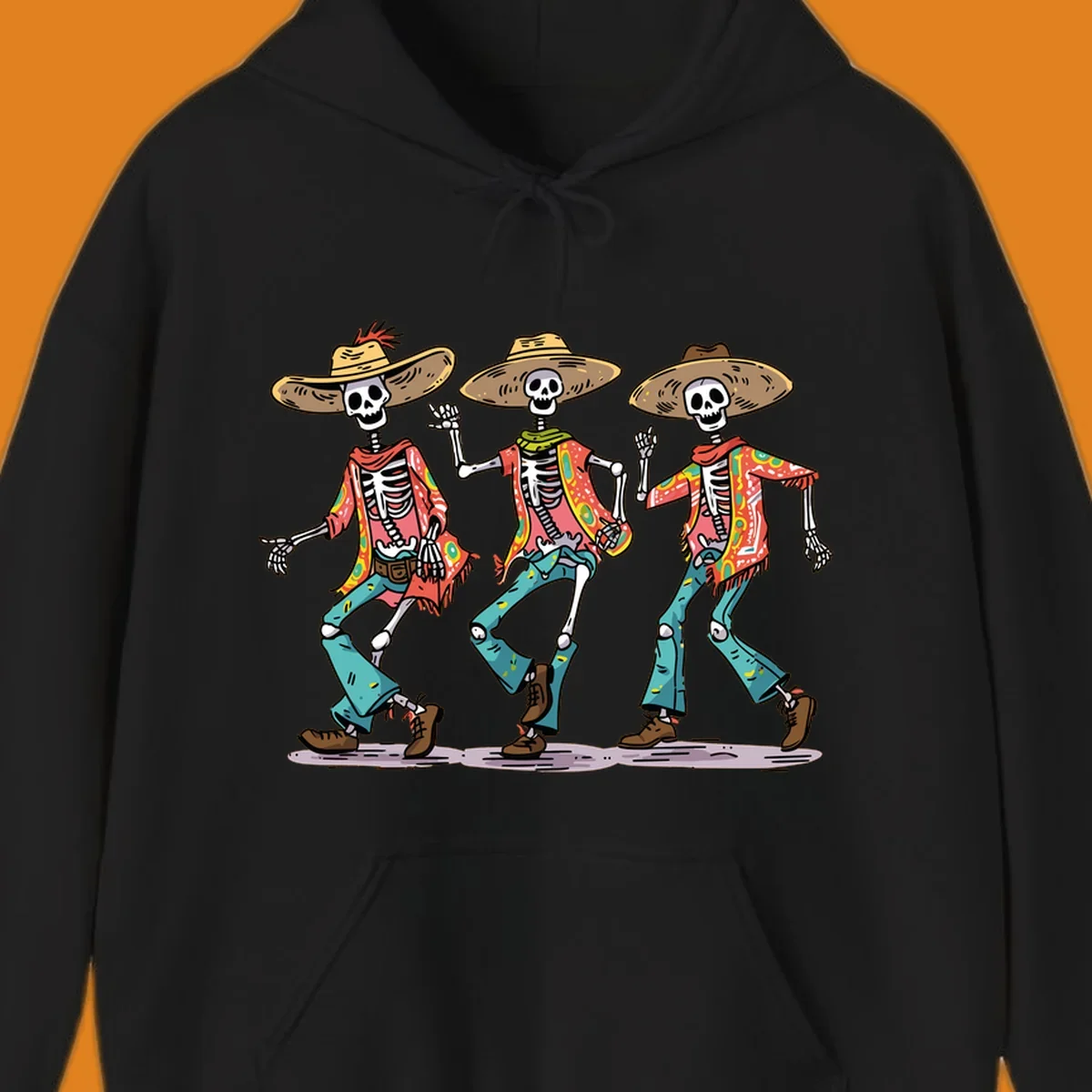 Three dancing skeletons wearing sombreros and colorful patterned shirts, inspired by Dia de los Muertos.