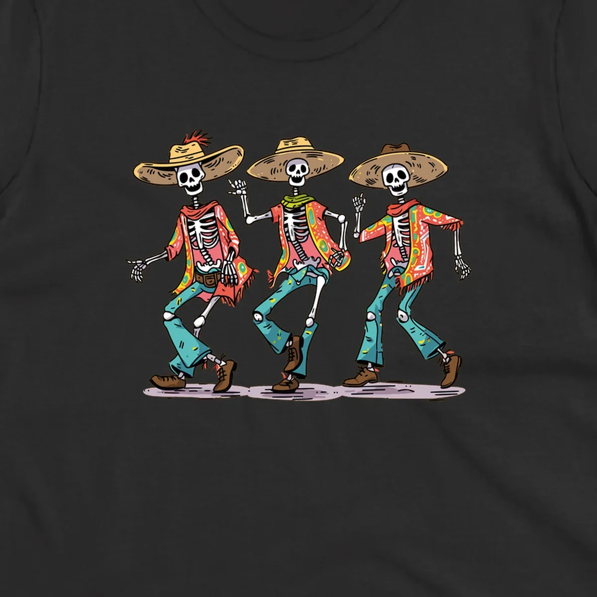Three dancing skeletons wearing sombreros and colorful patterned shirts, inspired by Dia de los Muertos.