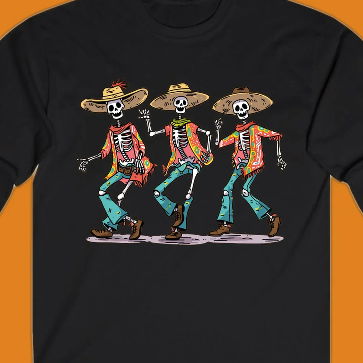 Three dancing skeletons wearing sombreros and colorful patterned shirts, inspired by Dia de los Muertos.