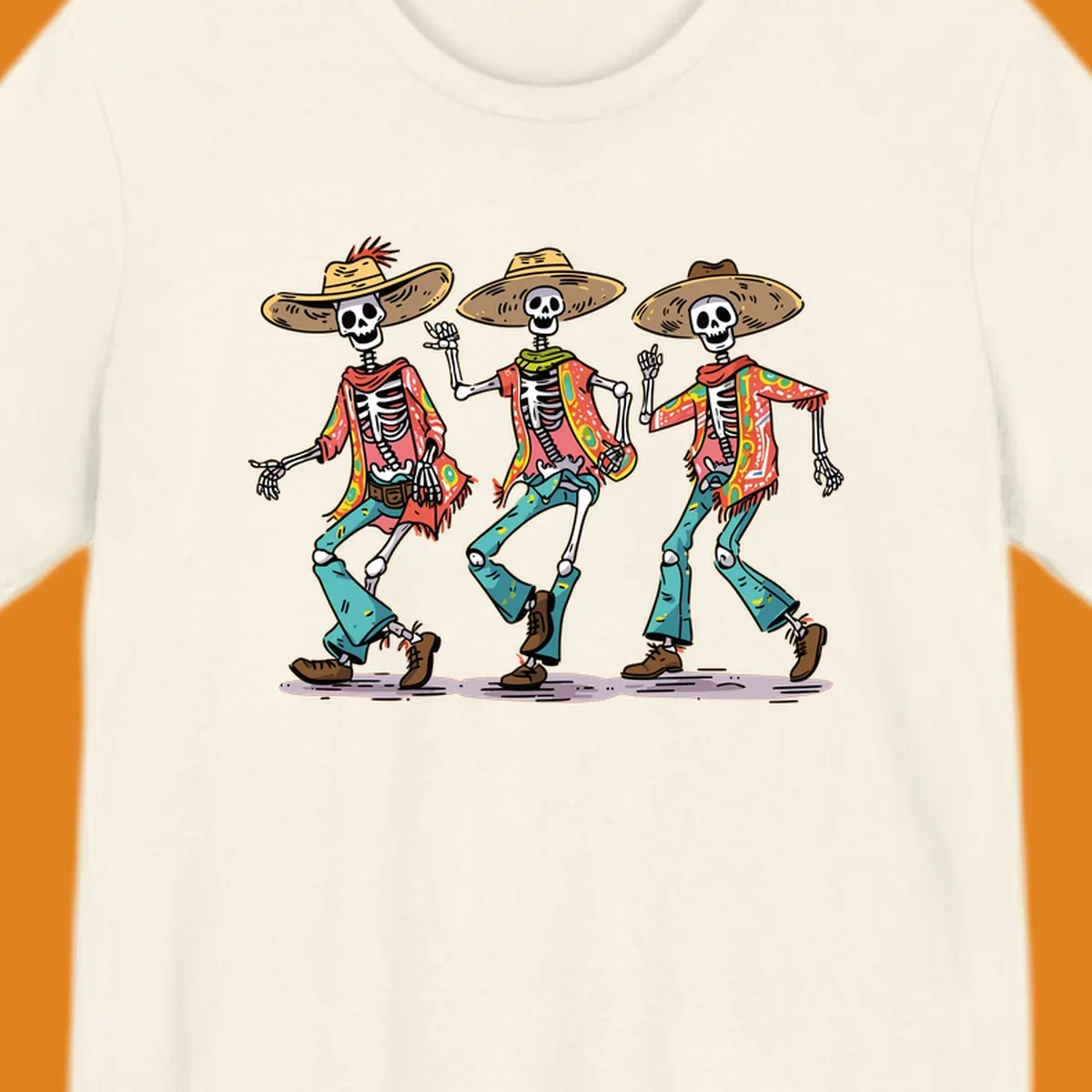 Three dancing skeletons wearing sombreros and colorful patterned shirts, inspired by Dia de los Muertos.