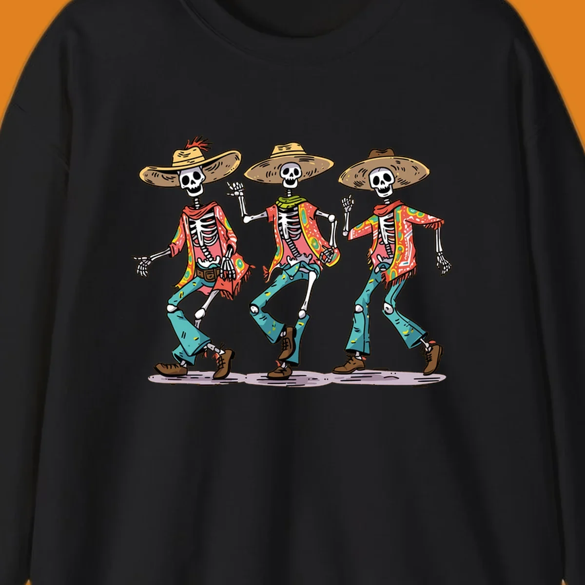 Three dancing skeletons wearing sombreros and colorful patterned shirts, inspired by Dia de los Muertos.