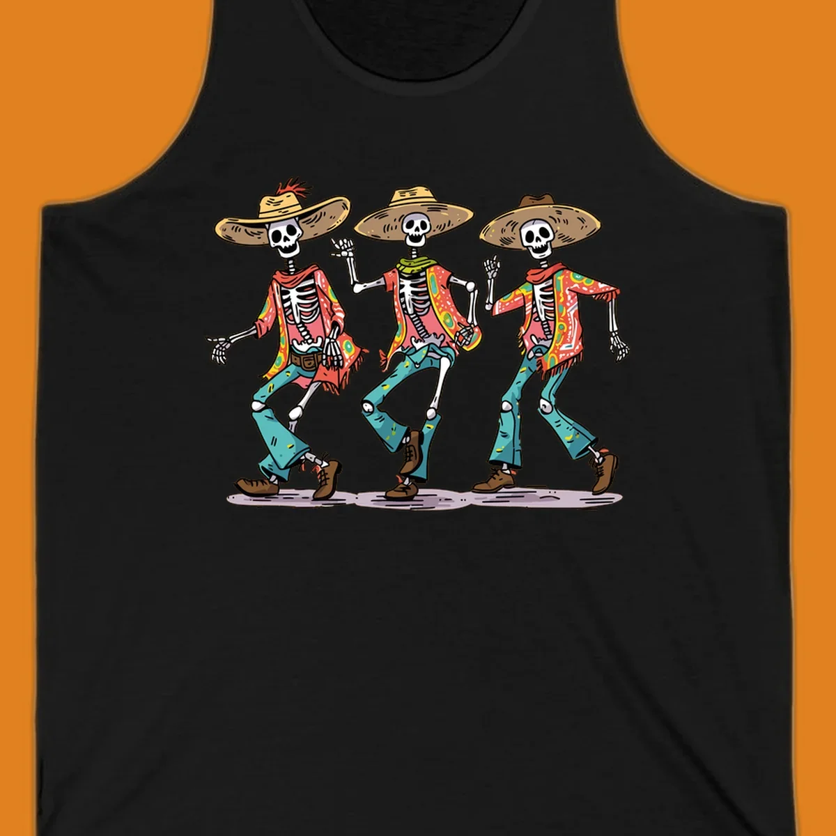 Three dancing skeletons wearing sombreros and colorful patterned shirts, inspired by Dia de los Muertos.