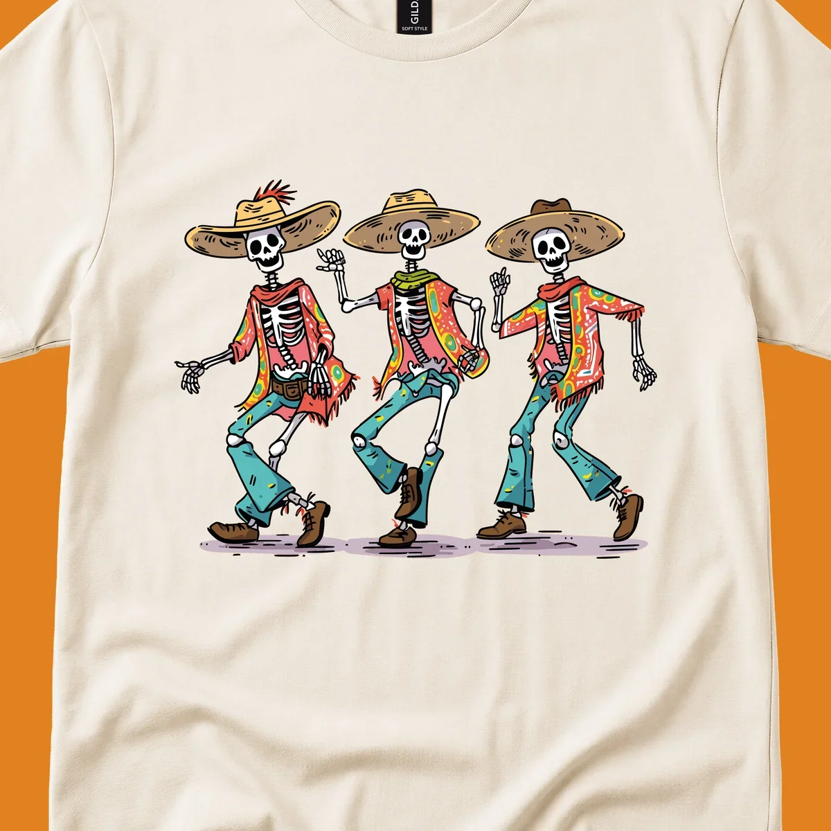 Three dancing skeletons wearing sombreros and colorful patterned shirts, inspired by Dia de los Muertos.