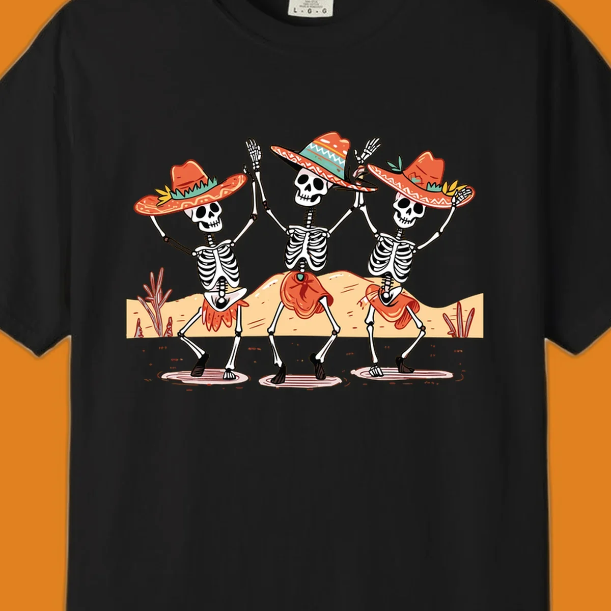 Three dancing skeletons in sombreros and skirts, desert landscape, skeleton-fiesta-dance