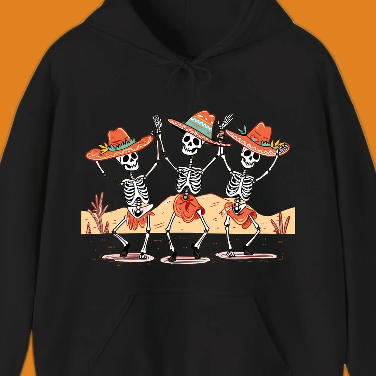 Three dancing skeletons in sombreros and skirts, desert landscape, skeleton-fiesta-dance