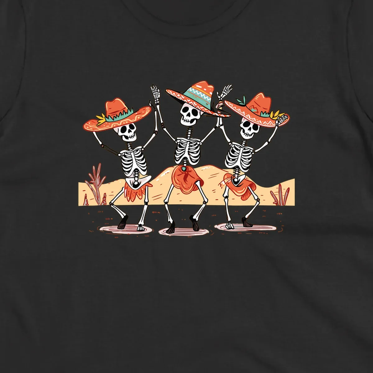 Three dancing skeletons in sombreros and skirts, desert landscape, skeleton-fiesta-dance