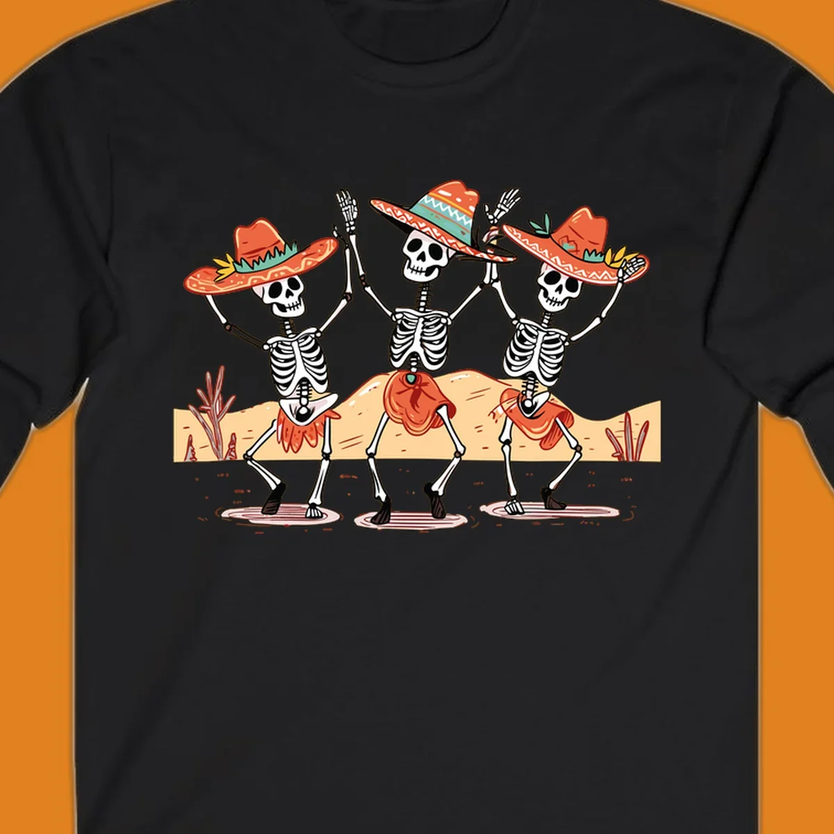 Three dancing skeletons in sombreros and skirts, desert landscape, skeleton-fiesta-dance
