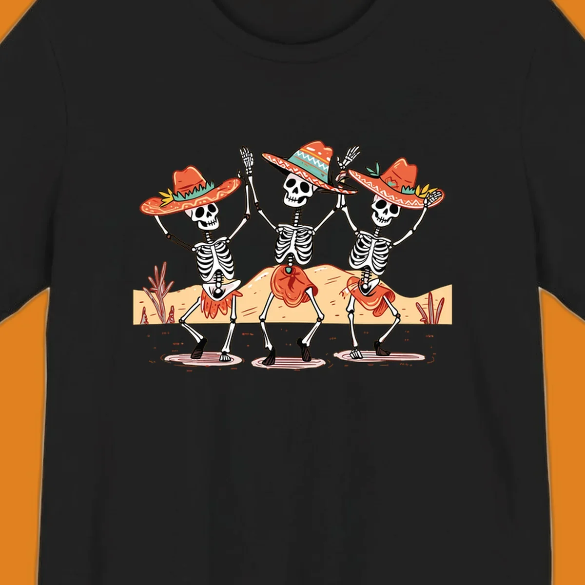 Three dancing skeletons in sombreros and skirts, desert landscape, skeleton-fiesta-dance