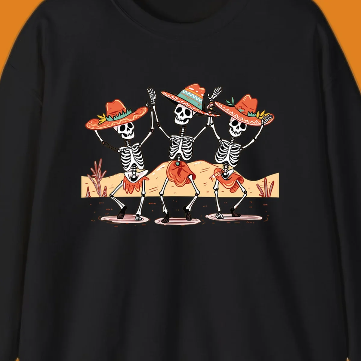 Three dancing skeletons in sombreros and skirts, desert landscape, skeleton-fiesta-dance