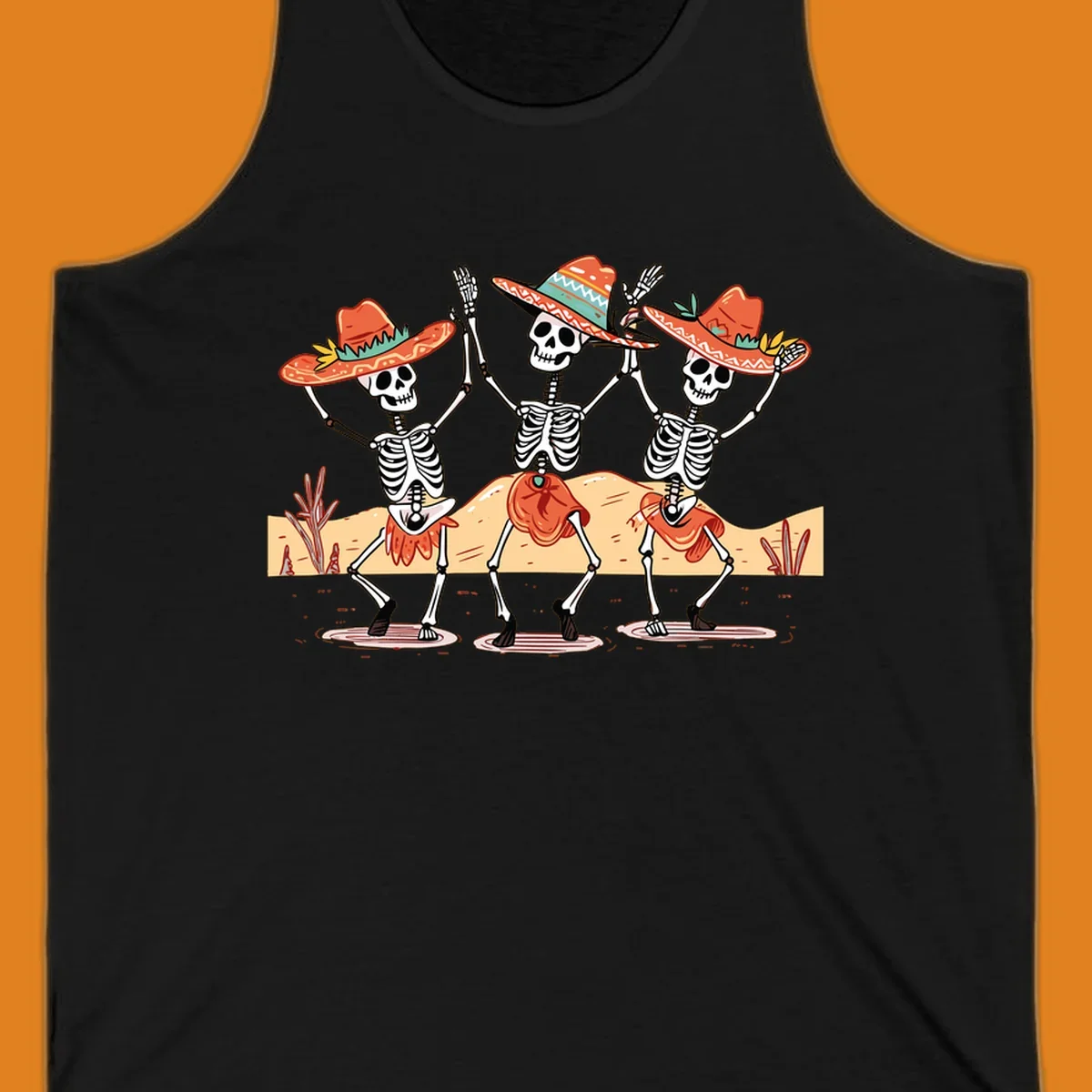 Three dancing skeletons in sombreros and skirts, desert landscape, skeleton-fiesta-dance