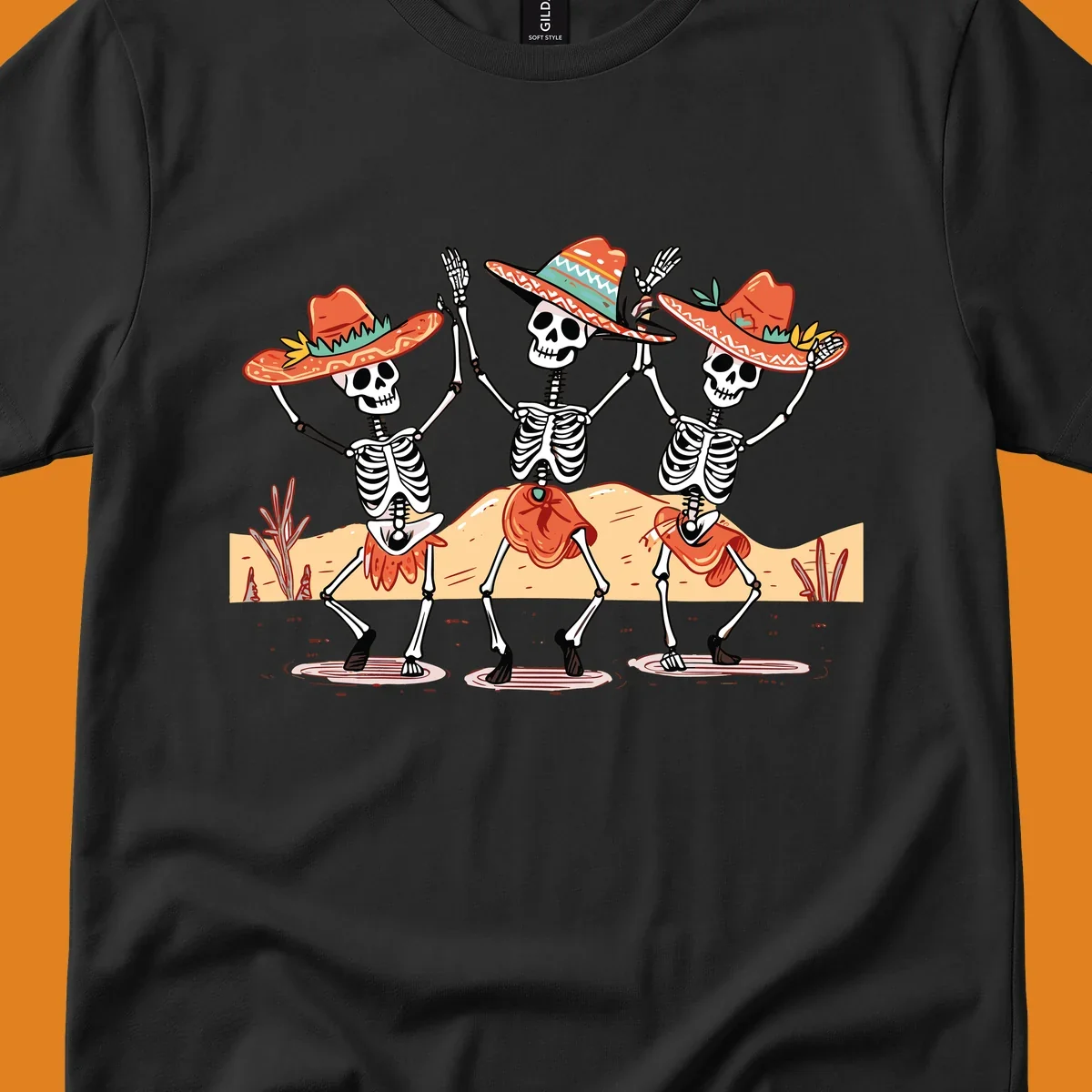 Three dancing skeletons in sombreros and skirts, desert landscape, skeleton-fiesta-dance