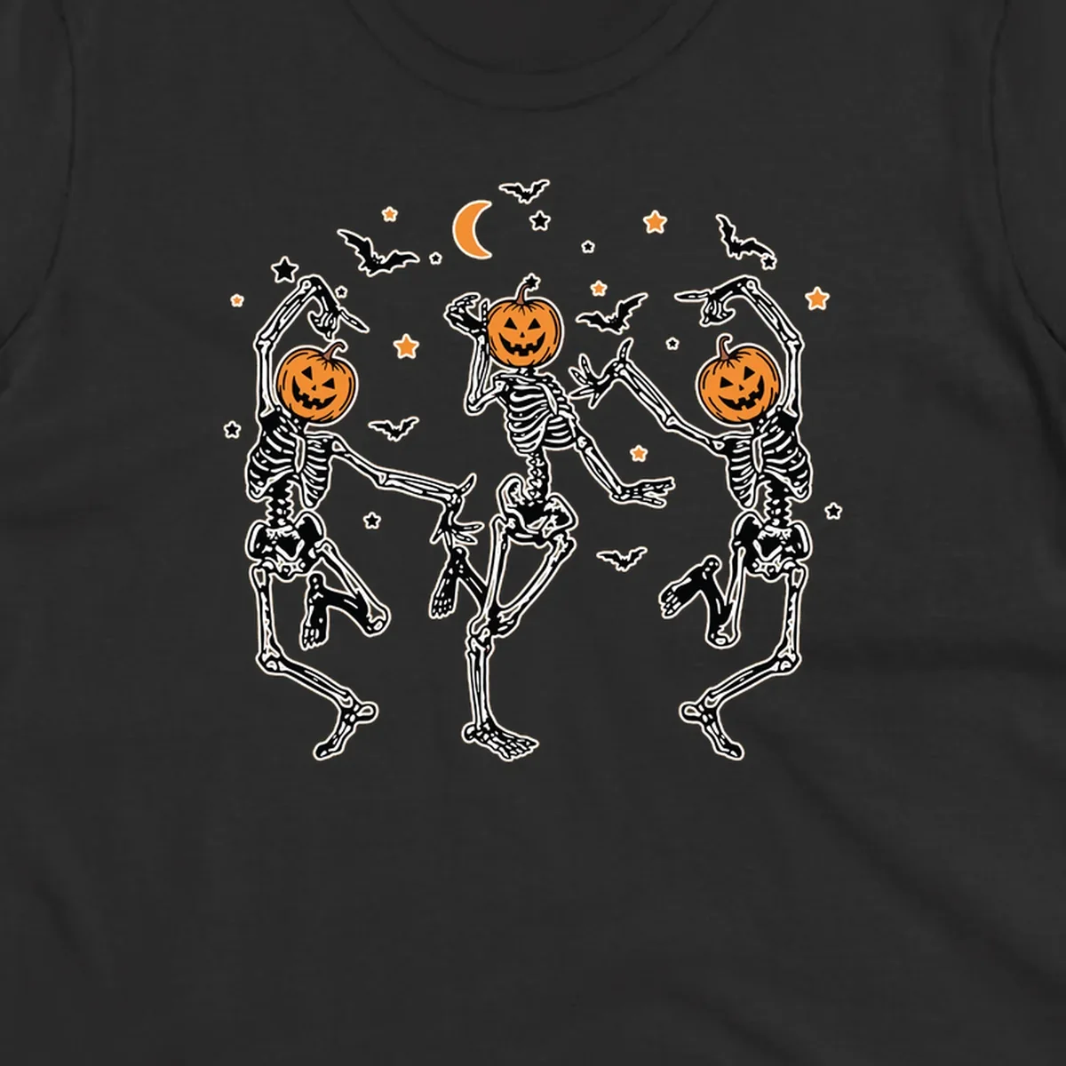 Three dancing skeletons with pumpkin heads, bats, moon, and stars illustration for Halloween.
