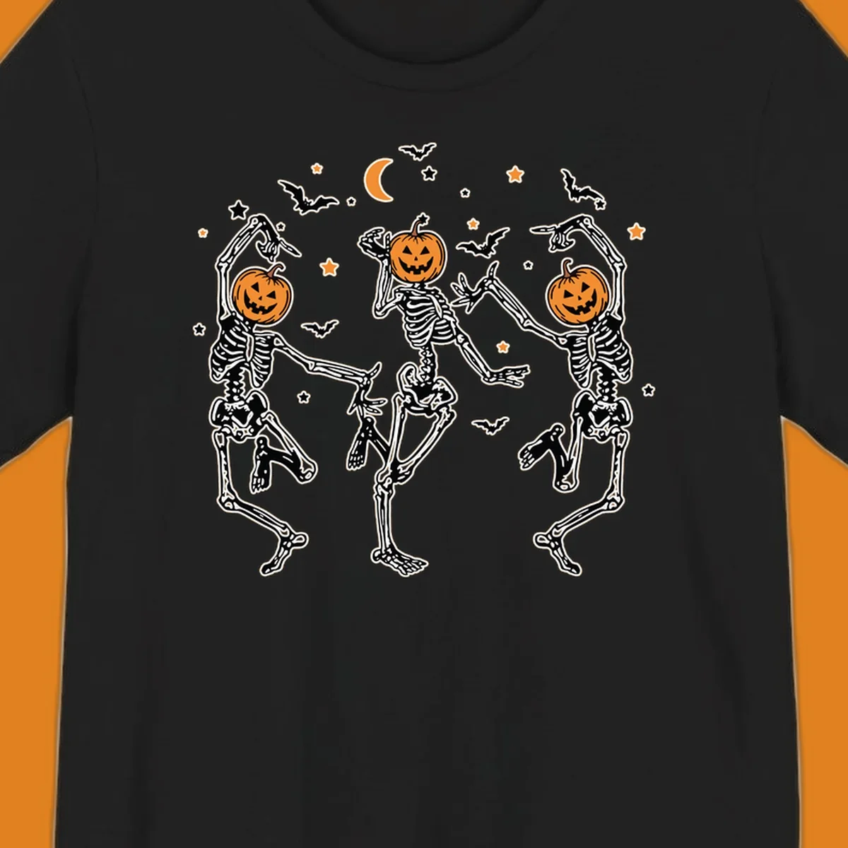 Three dancing skeletons with pumpkin heads, bats, moon, and stars illustration for Halloween.