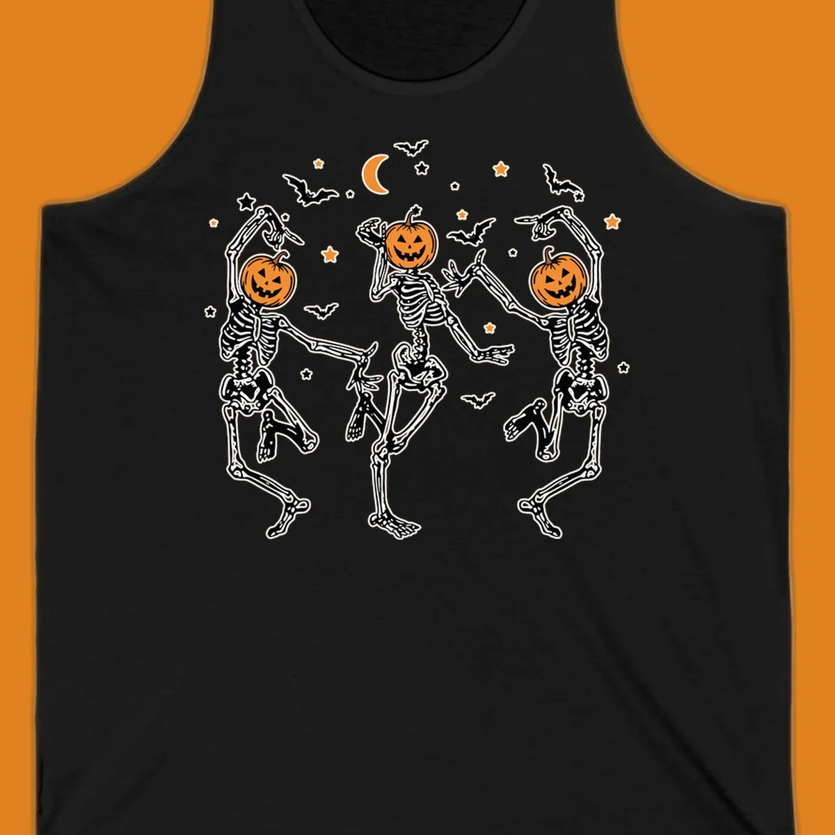Three dancing skeletons with pumpkin heads, bats, moon, and stars illustration for Halloween.