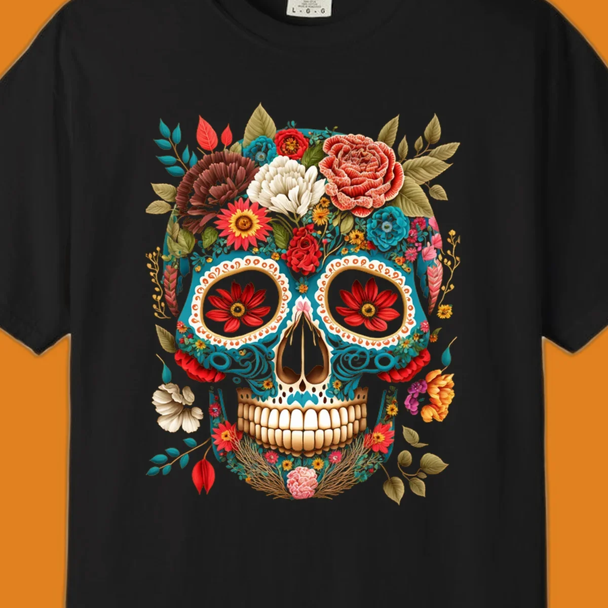 A vibrant floral calavera skull illustration adorned with colorful flowers and leaves in teal, gold, red, and white.