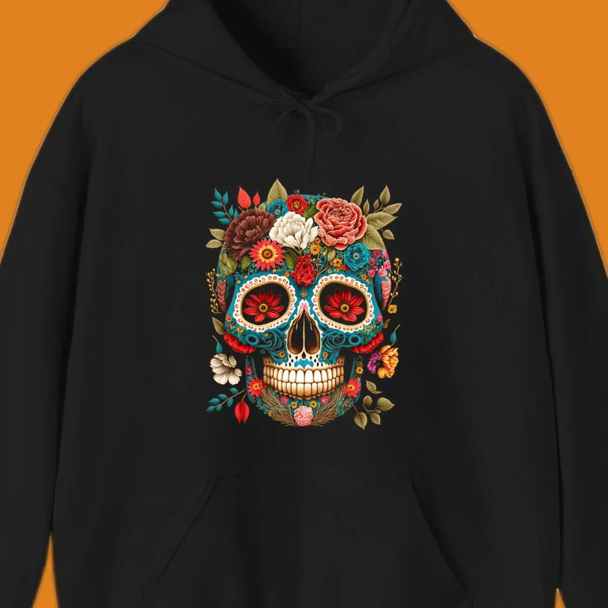 A vibrant floral calavera skull illustration adorned with colorful flowers and leaves in teal, gold, red, and white.