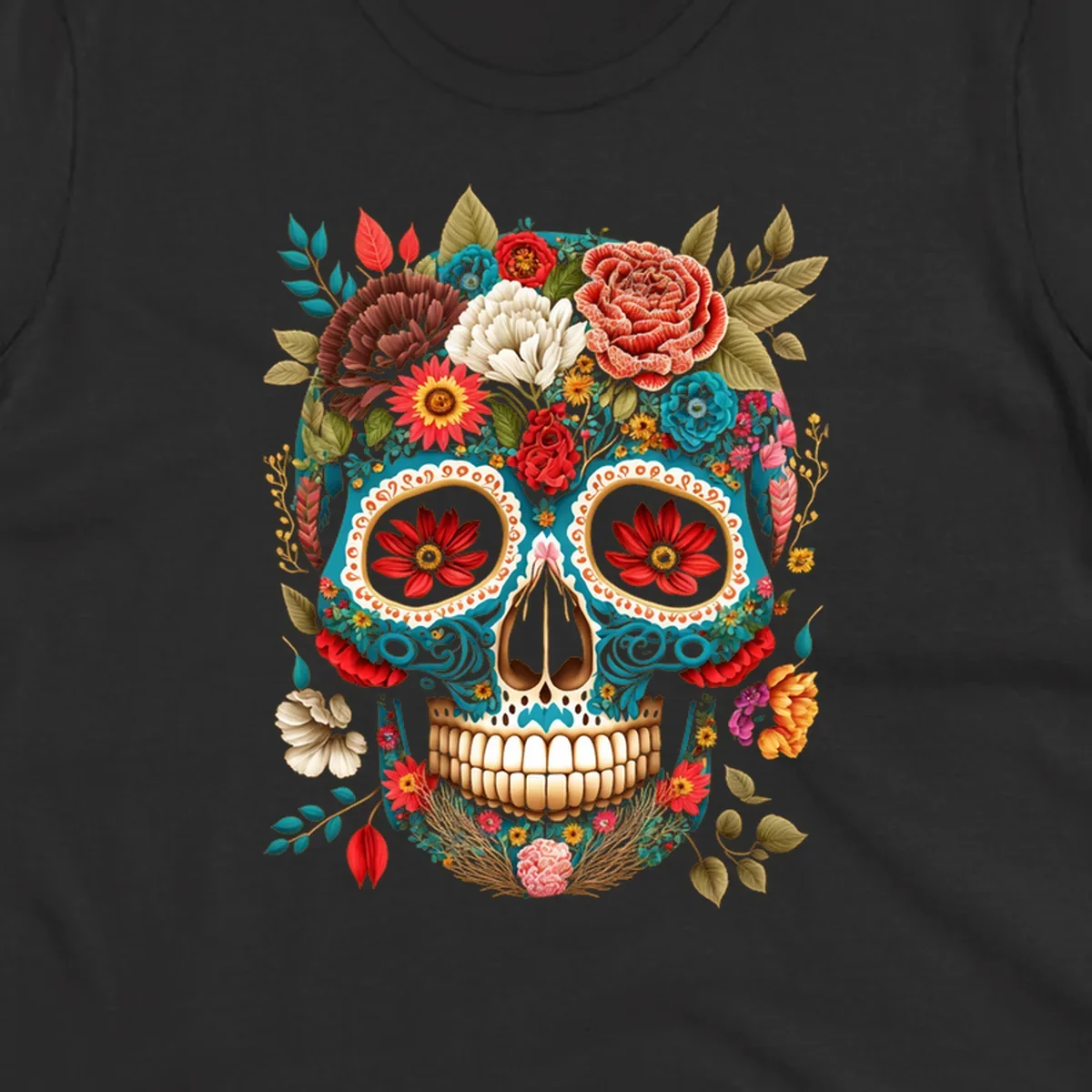 A vibrant floral calavera skull illustration adorned with colorful flowers and leaves in teal, gold, red, and white.