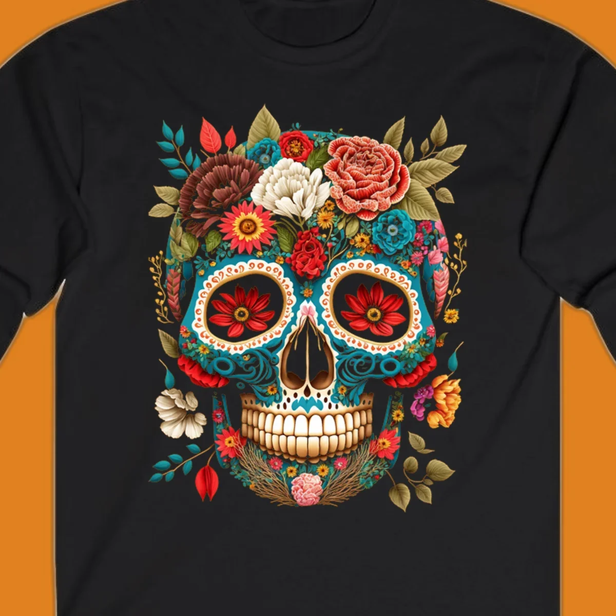 A vibrant floral calavera skull illustration adorned with colorful flowers and leaves in teal, gold, red, and white.
