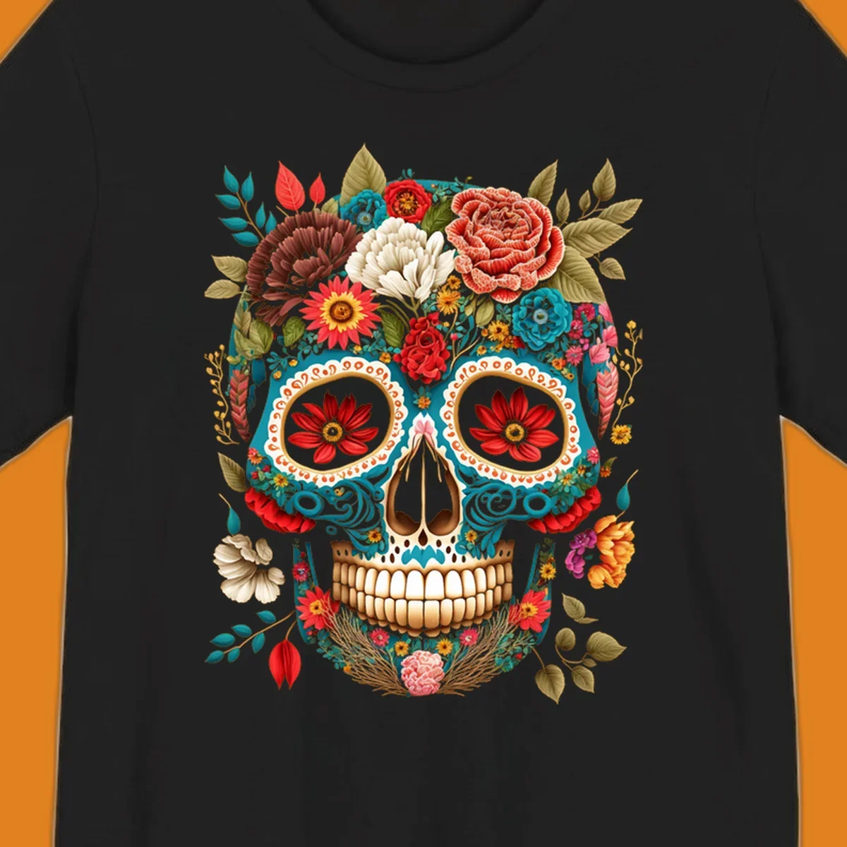 A vibrant floral calavera skull illustration adorned with colorful flowers and leaves in teal, gold, red, and white.