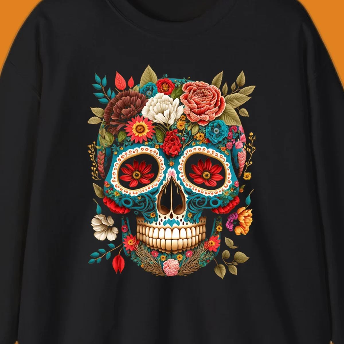 A vibrant floral calavera skull illustration adorned with colorful flowers and leaves in teal, gold, red, and white.