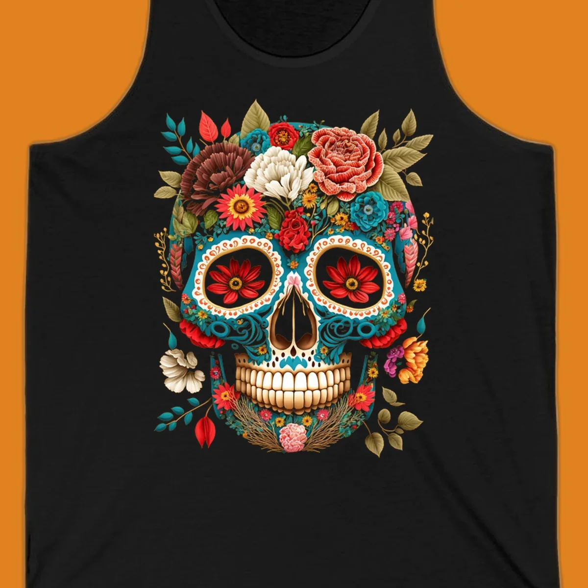 A vibrant floral calavera skull illustration adorned with colorful flowers and leaves in teal, gold, red, and white.