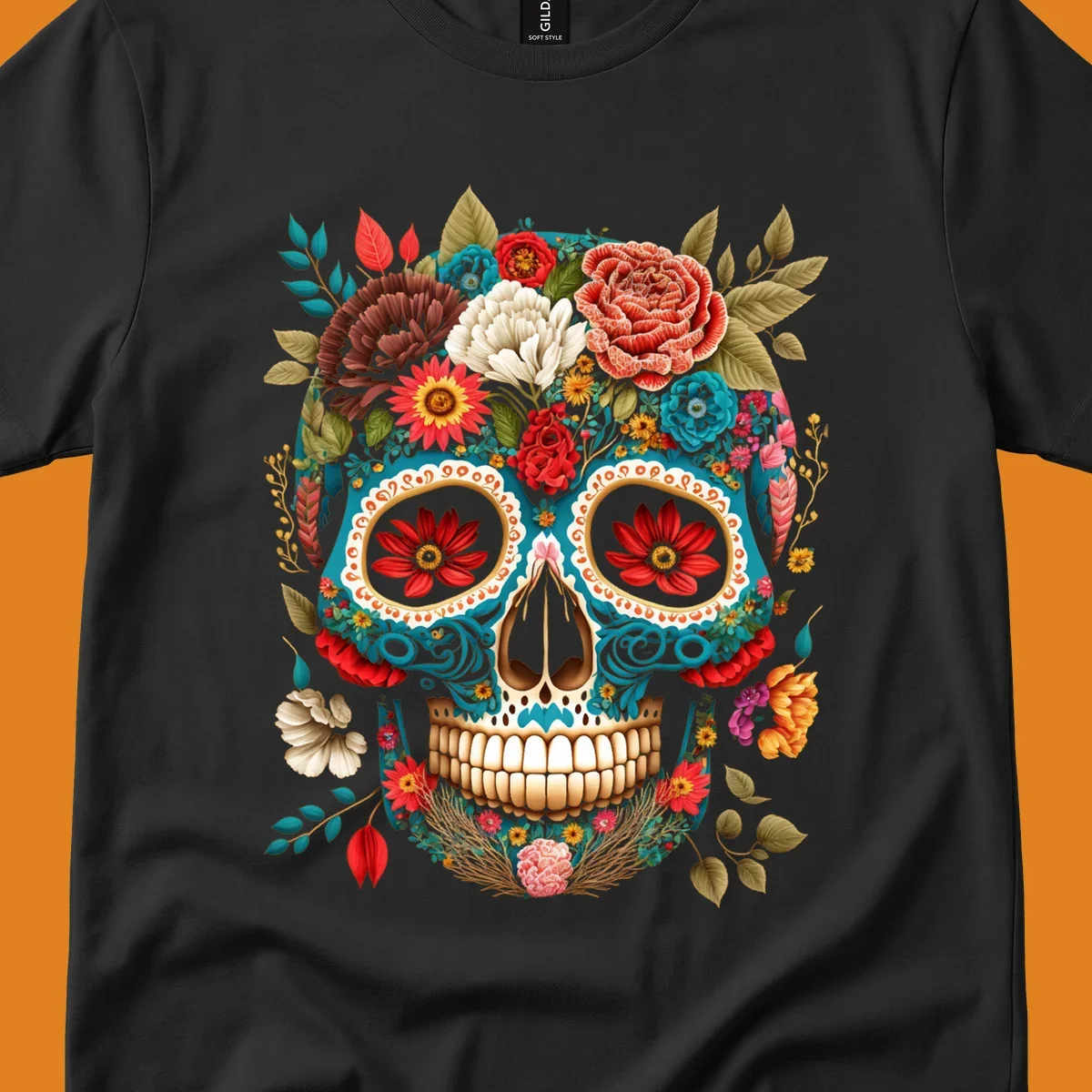 A vibrant floral calavera skull illustration adorned with colorful flowers and leaves in teal, gold, red, and white.
