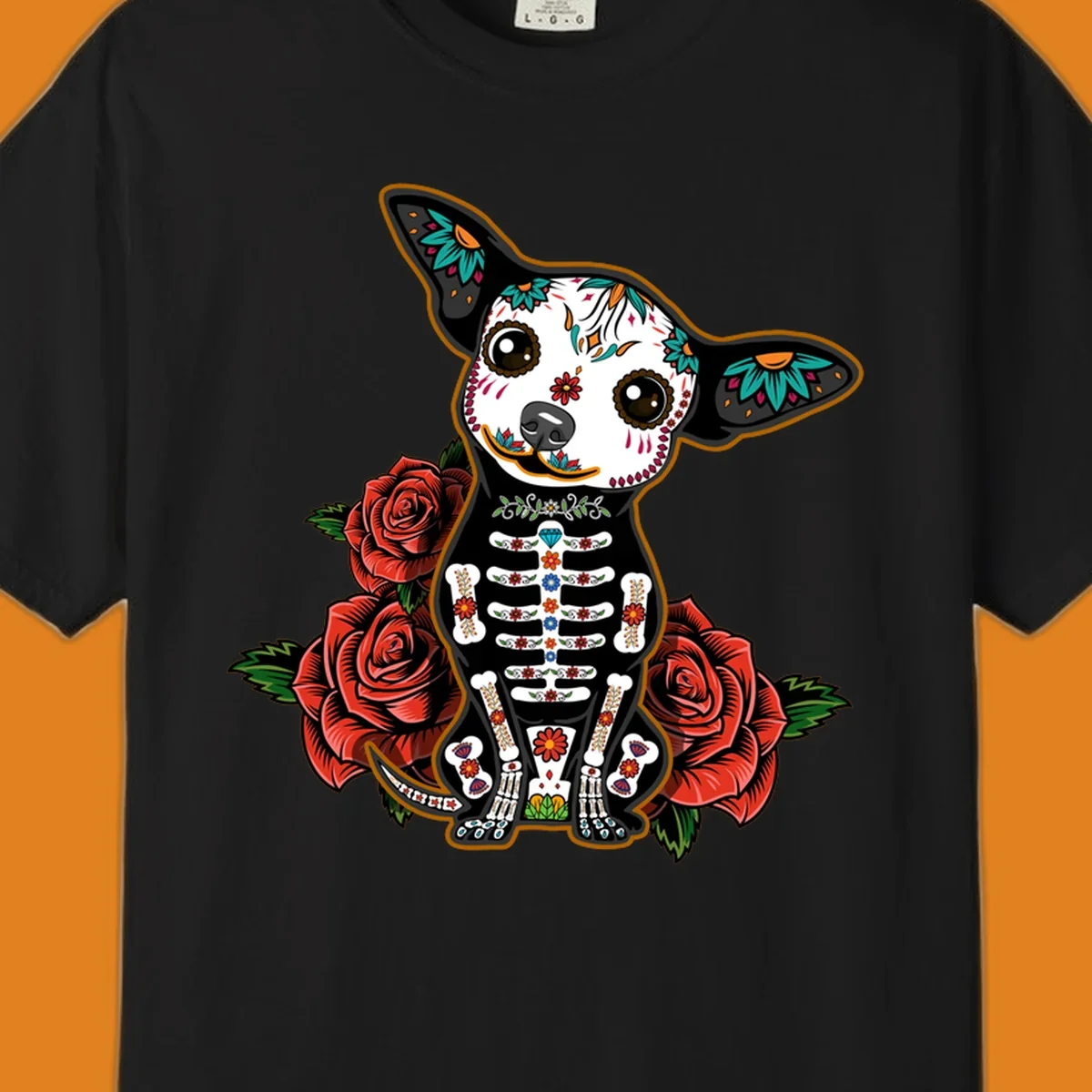 A Día de los Muertos chihuahua dog, adorned with a sugar skull face and skeleton body, sitting among red roses.