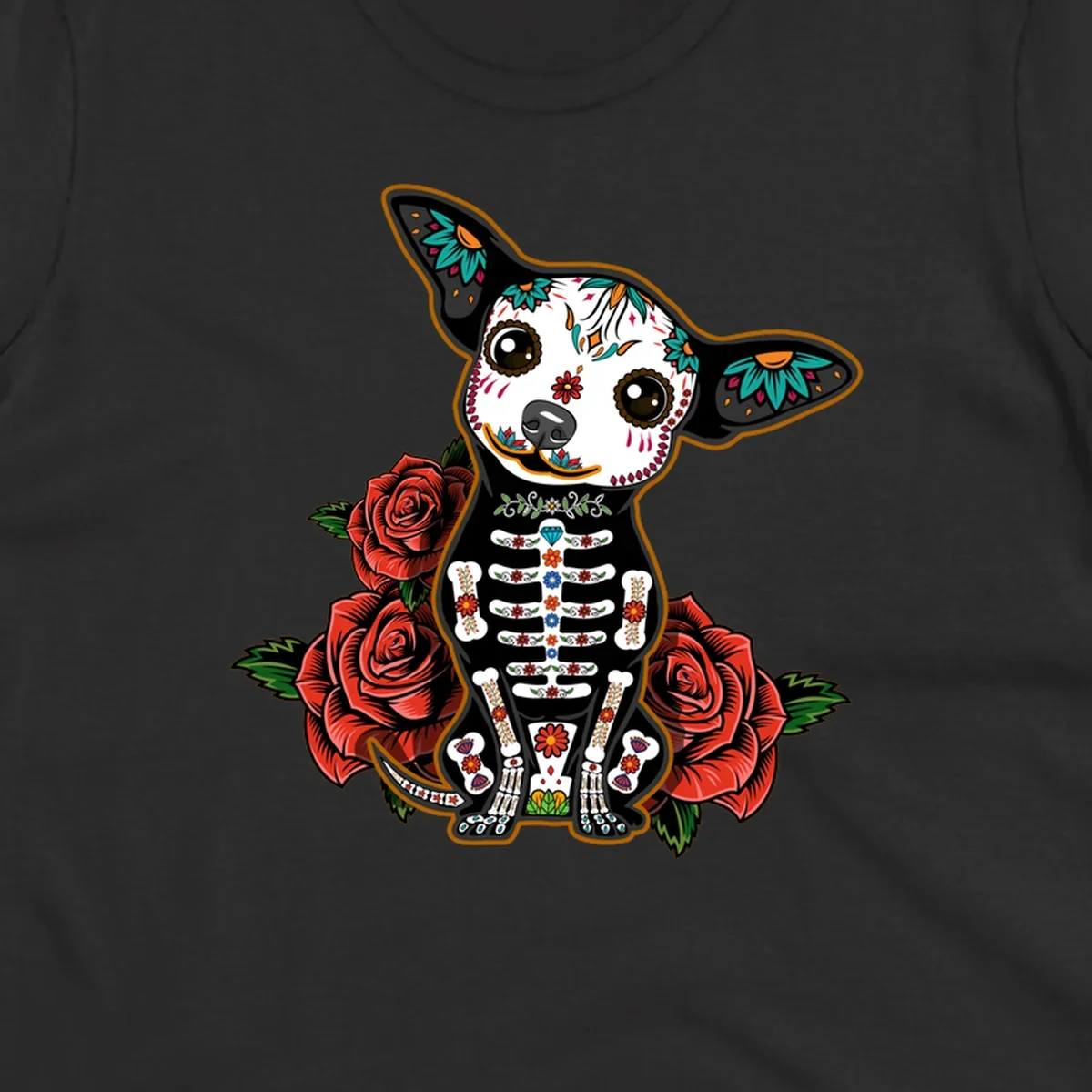 A Día de los Muertos chihuahua dog, adorned with a sugar skull face and skeleton body, sitting among red roses.